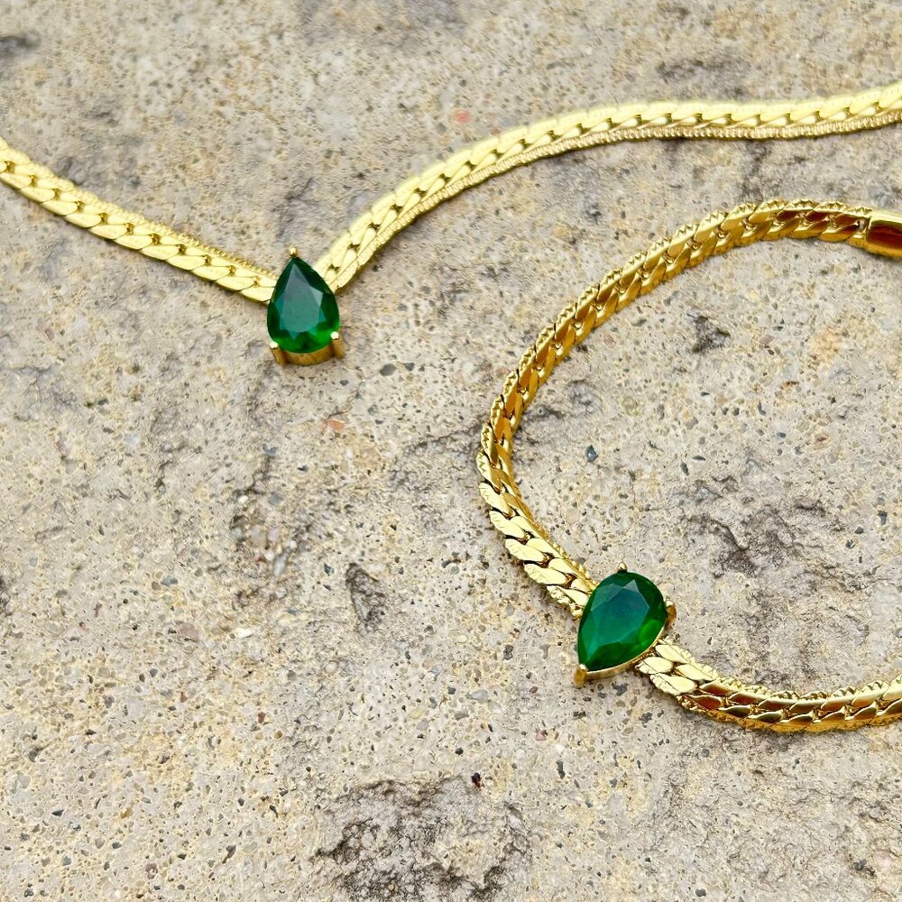 18K Gold Plated Green Crystal Necklace Bracelet Set